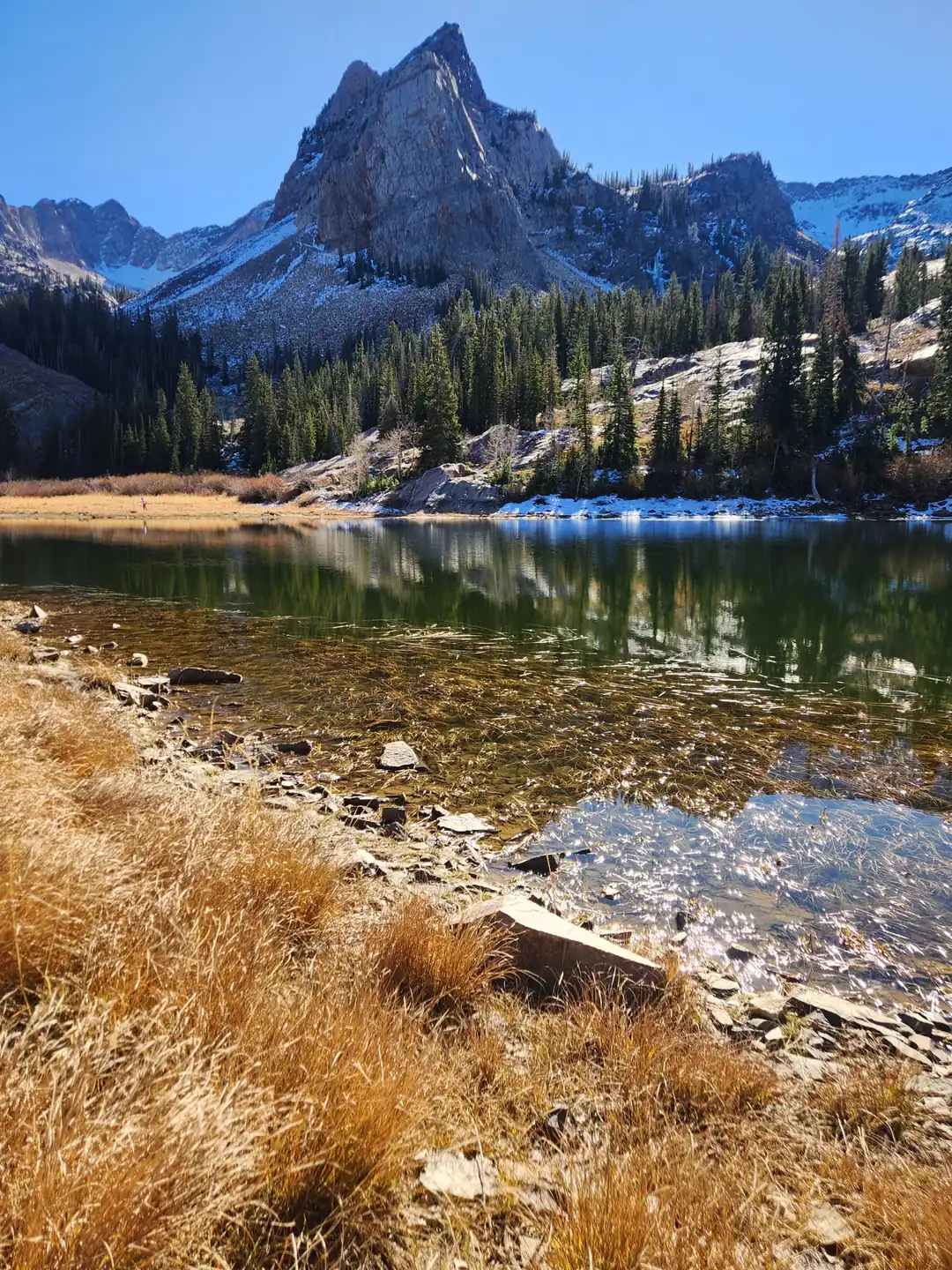 A jagged granite peak rising above a clear alpine lake, with golden grass along the rocky shore.